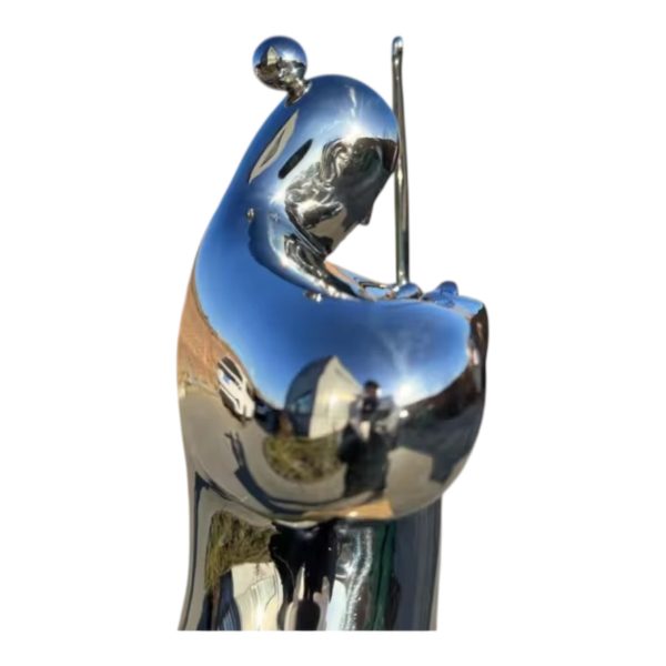 Polished stainless steel sculpture of an abstract archer figure