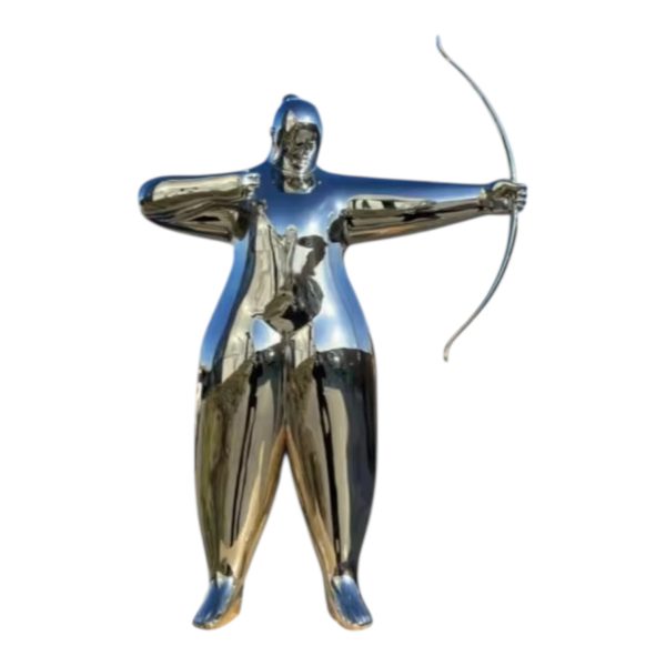 Polished stainless steel sculpture of an abstract archer figure