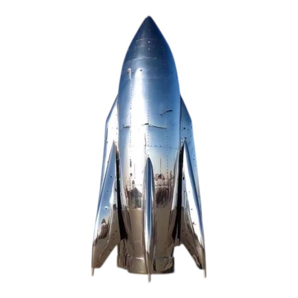 Stainless steel rocket sculptures with a smooth, polished surface and pointed tops