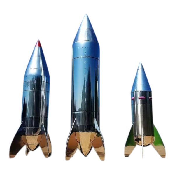 Stainless steel rocket sculptures with a smooth, polished surface and pointed tops