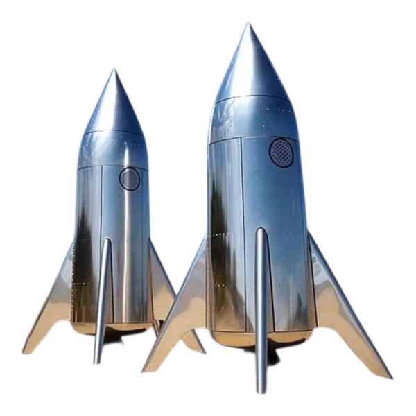 Stainless steel rocket sculptures with a smooth, polished surface and pointed tops