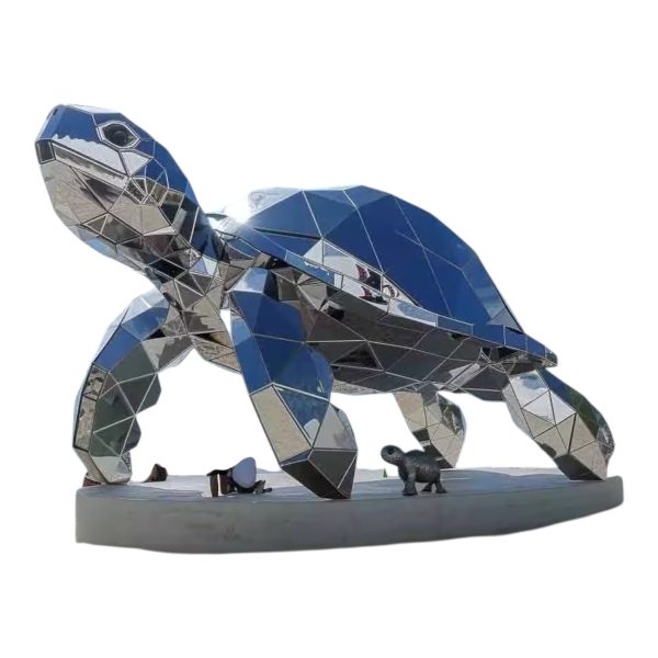 Geometric stainless steel turtle sculpture with reflective surfaces