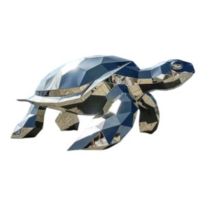 Geometric stainless steel turtle sculpture with reflective surfaces