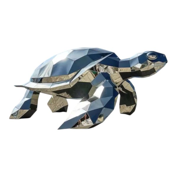 Geometric stainless steel turtle sculpture with reflective surfaces