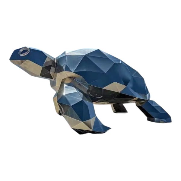 Geometric stainless steel turtle sculpture with reflective surfaces