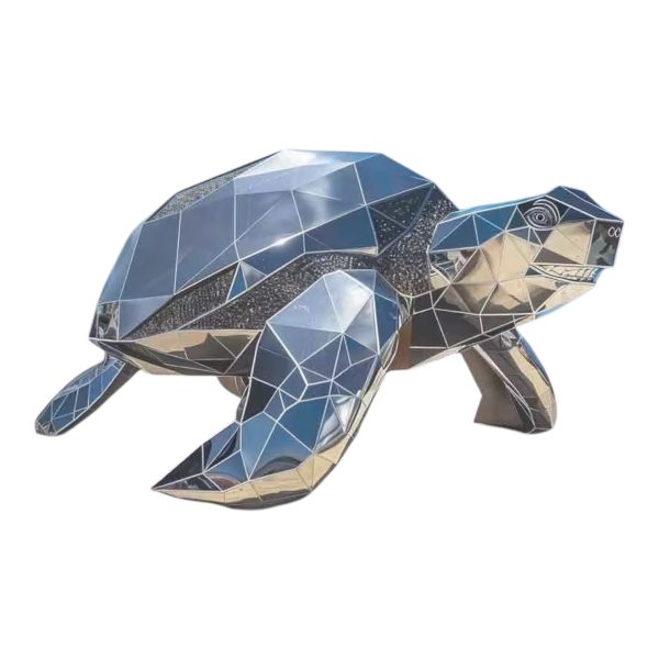 Geometric stainless steel turtle sculpture with reflective surfaces
