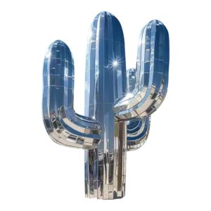 Stainless steel cactus sculpture with reflective mirror finish