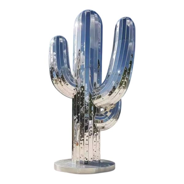 Stainless steel cactus sculpture with reflective mirror finish