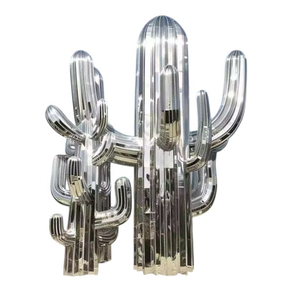 Stainless steel cactus sculpture with reflective mirror finish