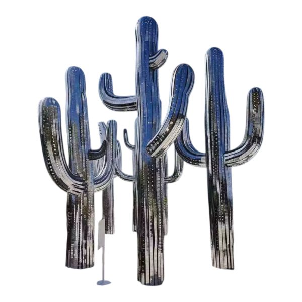 Stainless steel cactus sculpture with reflective mirror finish