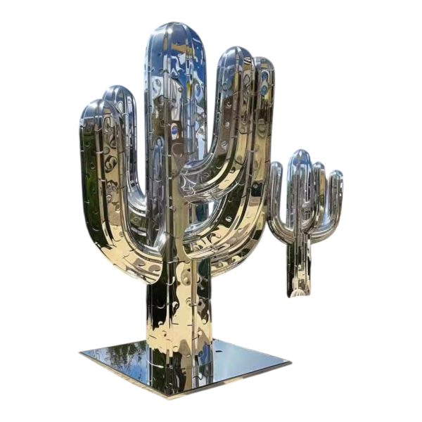 Stainless steel cactus sculpture with reflective mirror finish