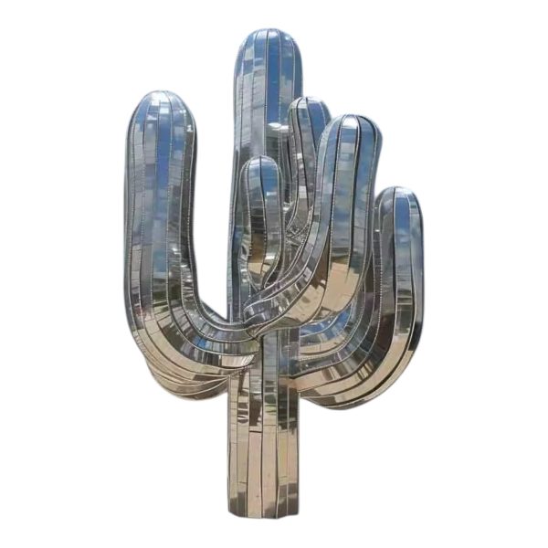 Stainless steel cactus sculpture with reflective mirror finish
