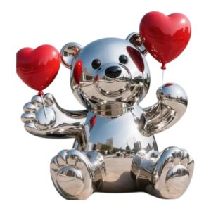 Stainless steel bear sculpture holding a red heart-shaped balloon