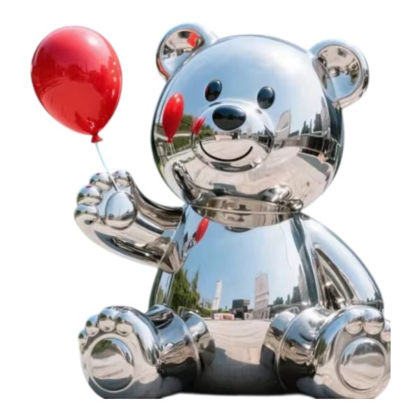 Stainless steel bear sculpture holding a red heart-shaped balloon