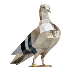 Stainless steel geometric dove sculpture with golden feet