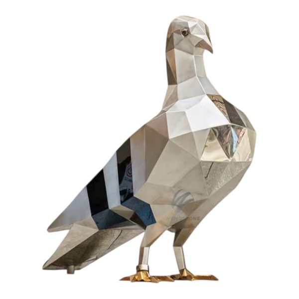 Stainless steel geometric dove sculpture with golden feet