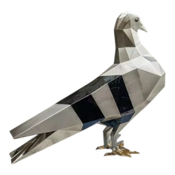 Stainless steel geometric dove sculpture with golden feet