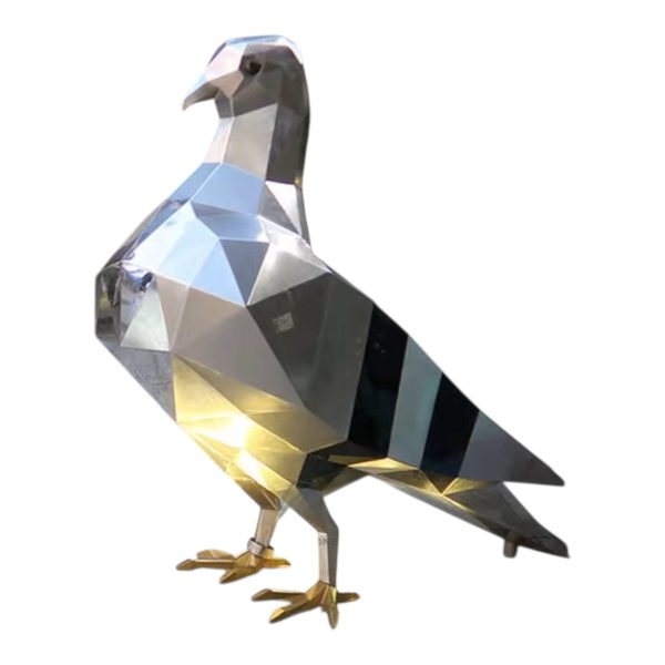 Stainless steel geometric dove sculpture with golden feet